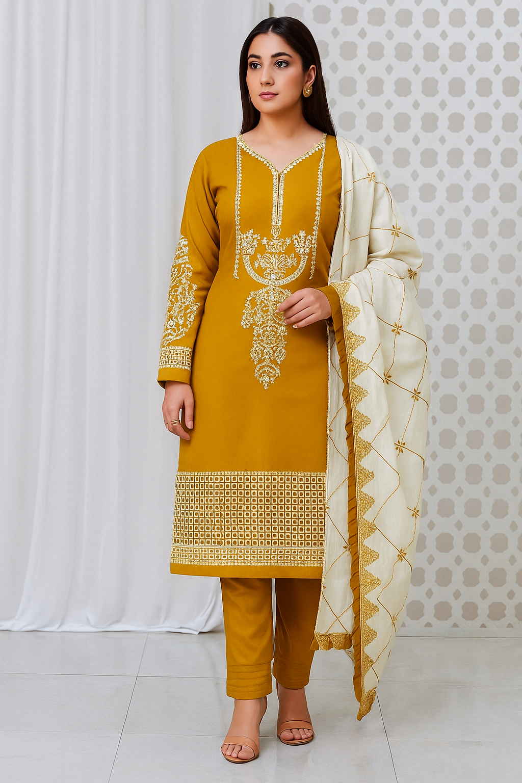 ✨ Dhunk Winter Collection – Mustard Embroidered Suit ✨